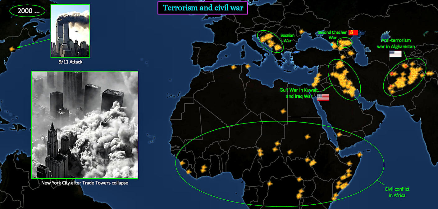 Muslim terrorism, 9/11 attack, 2000s map